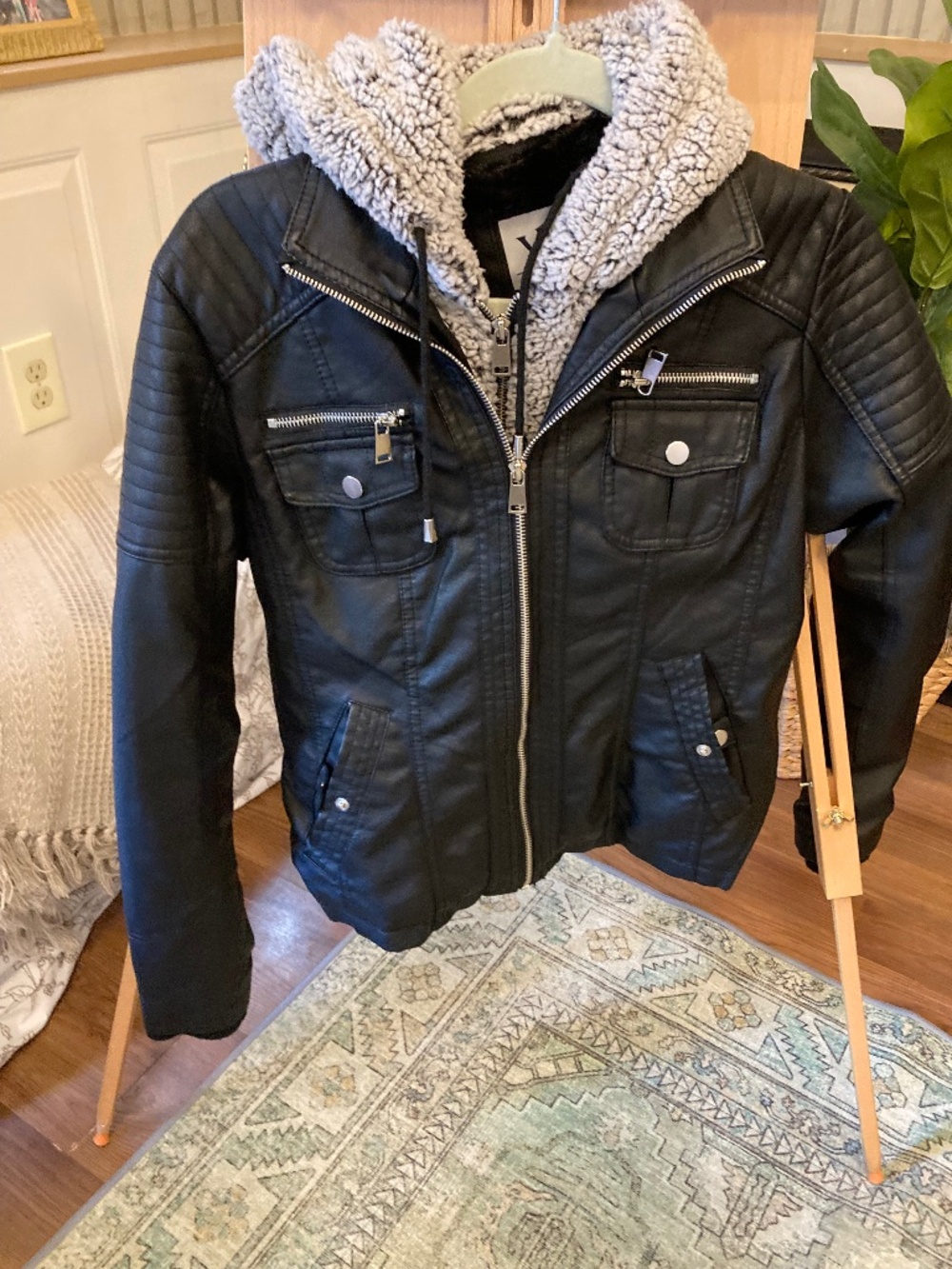 Cute faux leather faux fur lined bomber